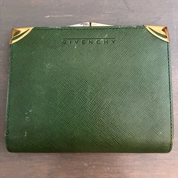 VINTAGE Givenchy Forest Green Bifold Compact Wallet w Gold Tone Accents Leather - Picture 1 of 9